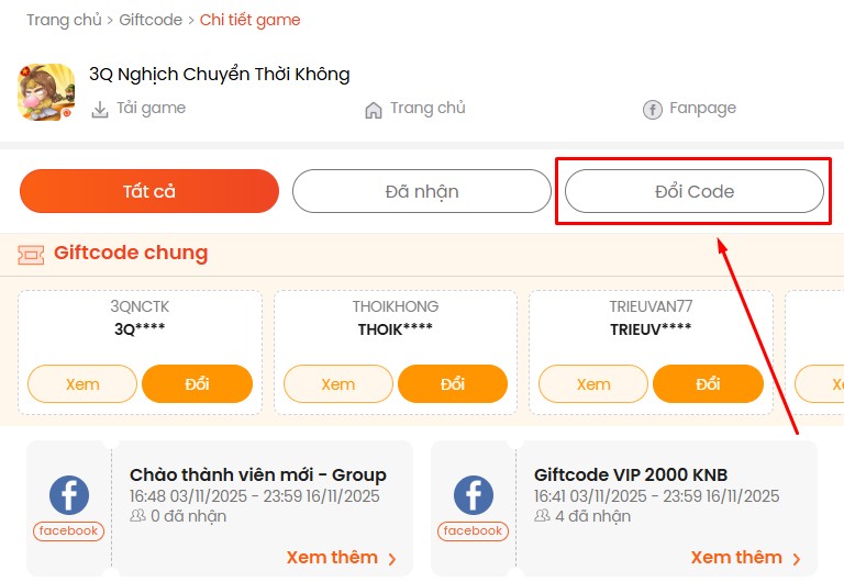 Cách nhập Code 3Q Nghịch Chuyển Thời Không